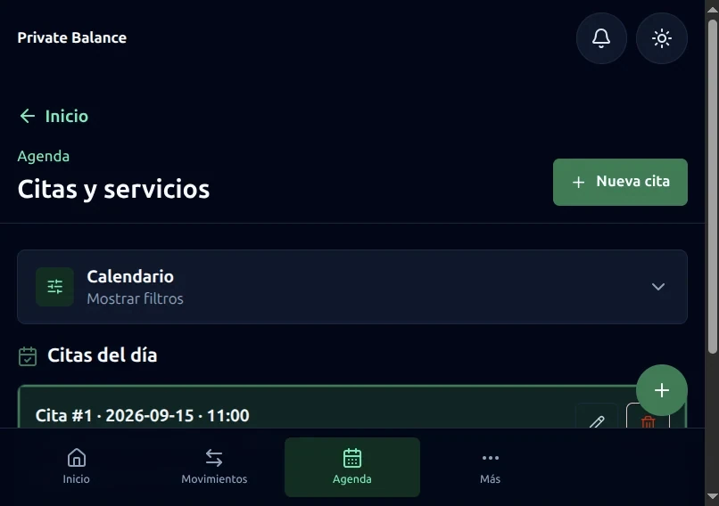 Agenda PWA de Private Balance con una cita de demostración programada