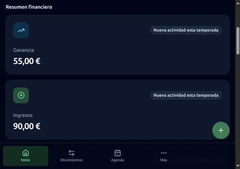 Resumen financiero de demostración en el dashboard PWA de Private Balance